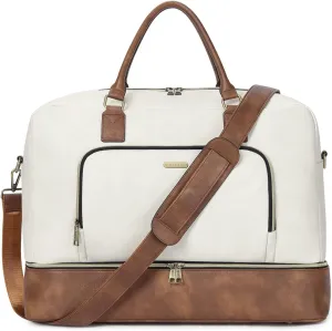 CLUCI Travel Duffel Bag for Women Leather Oversized Weekender Overnight Bags with Shoe Compartment Beige with Brown