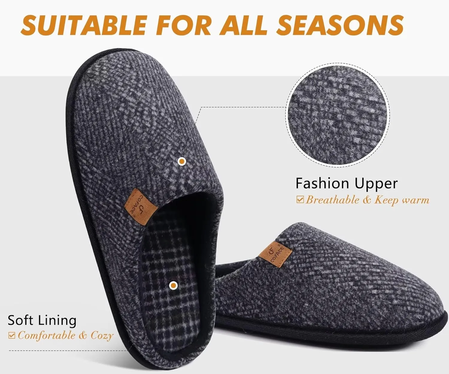 COFACE Unisex Mens Womens Cozy Memory Foam Scuff Slippers Casual Slip On Warm House Shoes Indoor/Outdoor Felt Sandal Slippers With Arch Support Rubber Sole Size 4-15