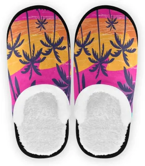 Colored Coconut Tree Sunset Print Slippers for Women Mens Winter Warm Memory Foam Cotton Home Slippers Soft Plush Fleece Slip on House Slippers for Girls Indoor Outdoor Shoes