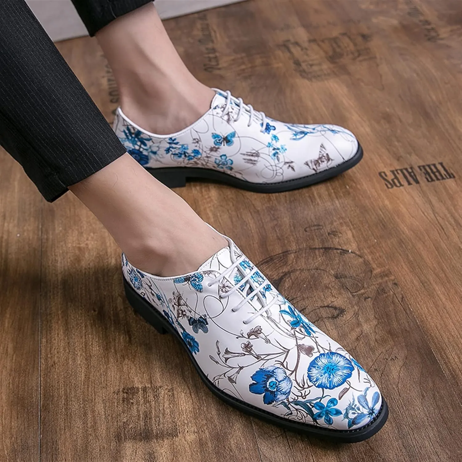 Comodish Formal Dress Shoes for Men Lace Up Round Toe Blue Flower Vegan Leather Block Heel Rubber Sole Non Slip Low Top Prom Formal Oxford