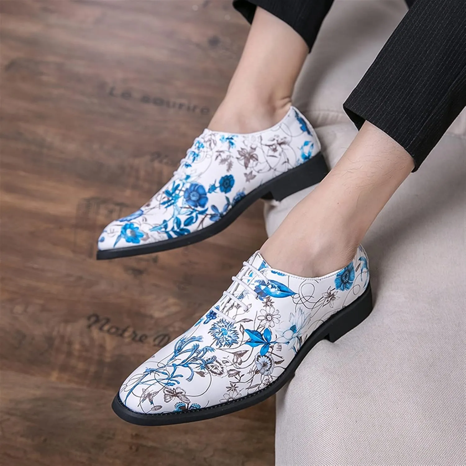 Comodish Formal Dress Shoes for Men Lace Up Round Toe Blue Flower Vegan Leather Block Heel Rubber Sole Non Slip Low Top Prom Formal Oxford