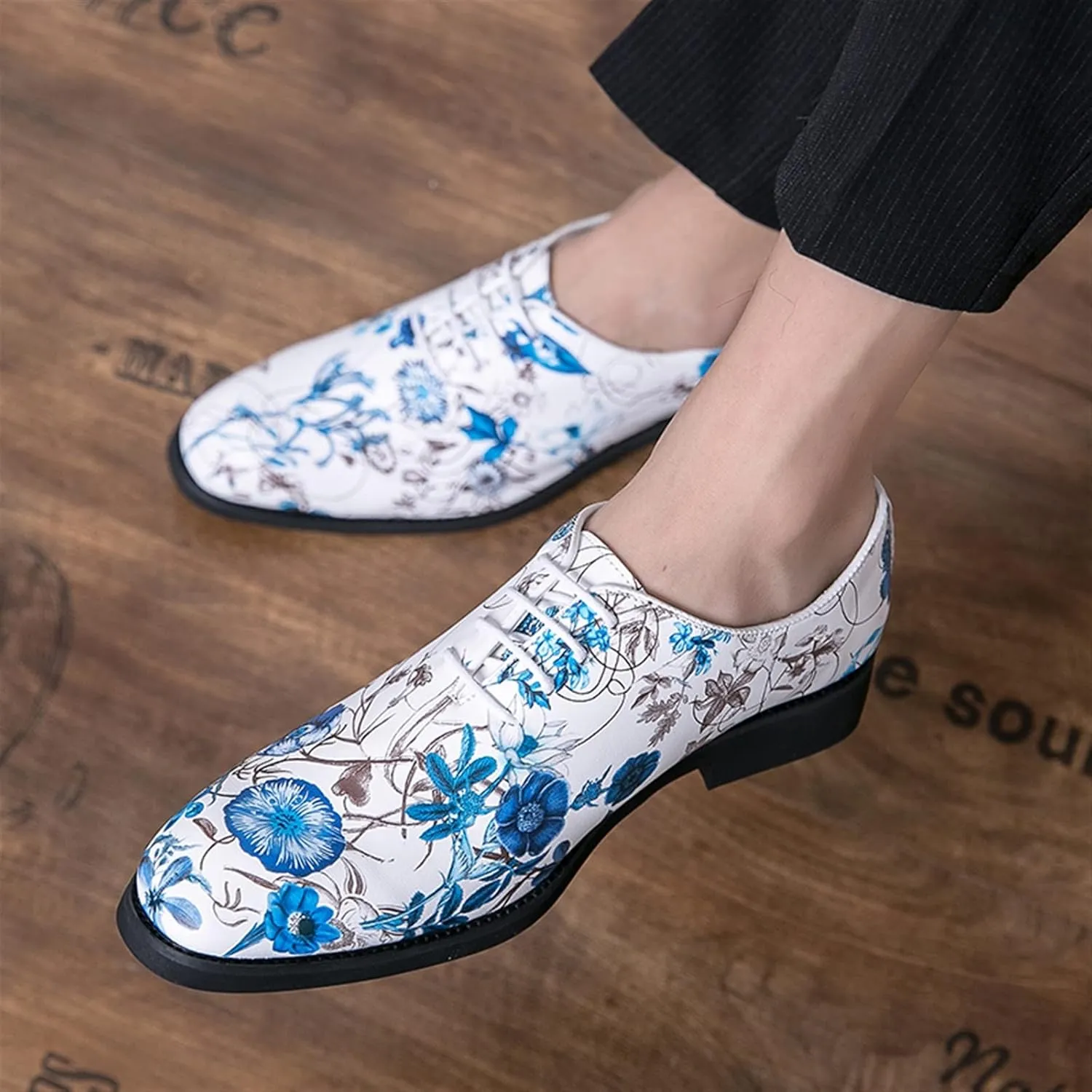 Comodish Formal Dress Shoes for Men Lace Up Round Toe Blue Flower Vegan Leather Block Heel Rubber Sole Non Slip Low Top Prom Formal Oxford