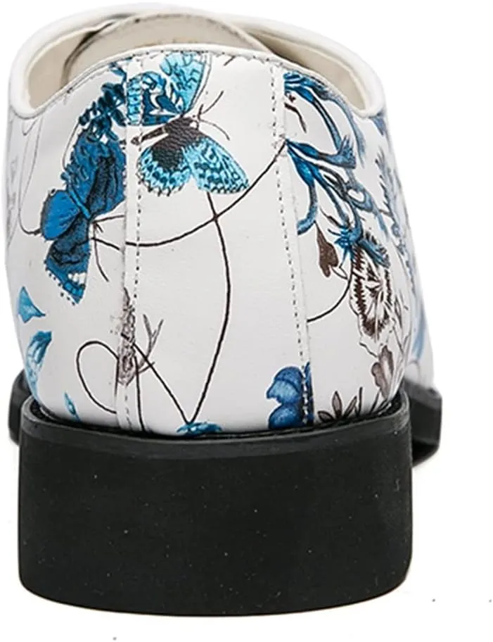 Comodish Formal Dress Shoes for Men Lace Up Round Toe Blue Flower Vegan Leather Block Heel Rubber Sole Non Slip Low Top Prom Formal Oxford