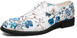 Comodish Formal Dress Shoes for Men Lace Up Round Toe Blue Flower Vegan Leather Block Heel Rubber Sole Non Slip Low Top Prom Formal Oxford