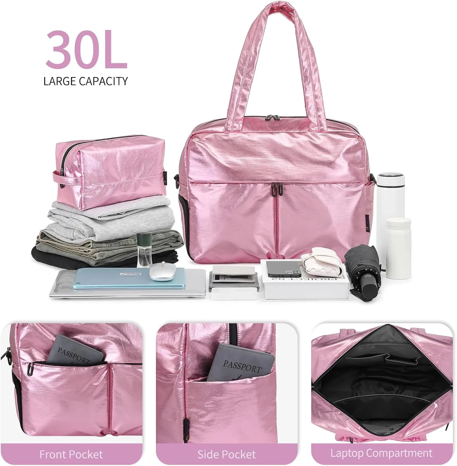 Compact Travel Duffel Bag for Women, 30L Gym Bag - Stylish Weekender Bag with Shoe Pocket, TSA-Approved Carry-On for Airplane, Fitness, Weekend Getaway(Pink)