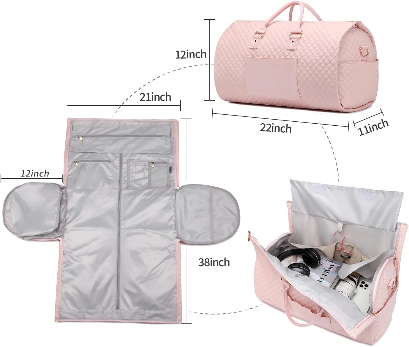Convertible Carry on Garment Bag for Women,Leather Garment Bags for Travel with Shoe Pouch 2 in 1 Hanging Suitcase Suit Bag for Women Travel Bags for Women Duffle Bag Garment Bag Gifts for Women Pink
