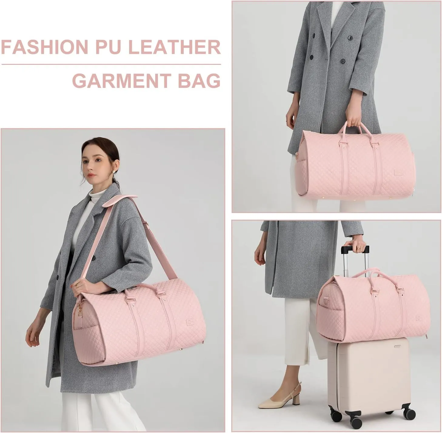 Convertible Carry on Garment Bag for Women,Leather Garment Bags for Travel with Shoe Pouch 2 in 1 Hanging Suitcase Suit Bag for Women Travel Bags for Women Duffle Bag Garment Bag Gifts for Women Pink