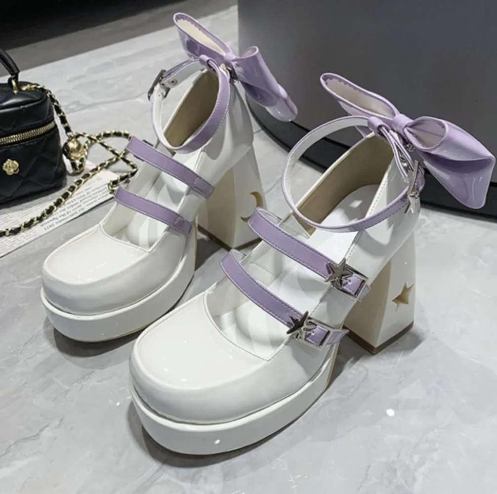 Coquette Star Emo Shoes Bow Heels Platform Mary Janes High Heels Women Goth Punk Leather Dressy Ankle Strap Round Closed Toes Chunky Kawaii Lolita Shoes Y2K Retro Trendy Cutecore Cosplay Streetwear