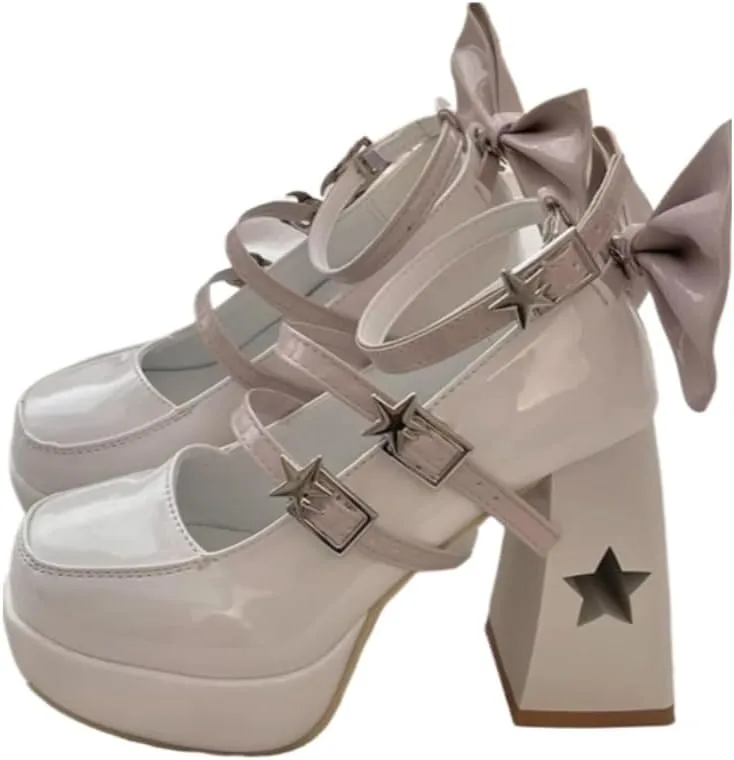 Coquette Star Emo Shoes Bow Heels Platform Mary Janes High Heels Women Goth Punk Leather Dressy Ankle Strap Round Closed Toes Chunky Kawaii Lolita Shoes Y2K Retro Trendy Cutecore Cosplay Streetwear