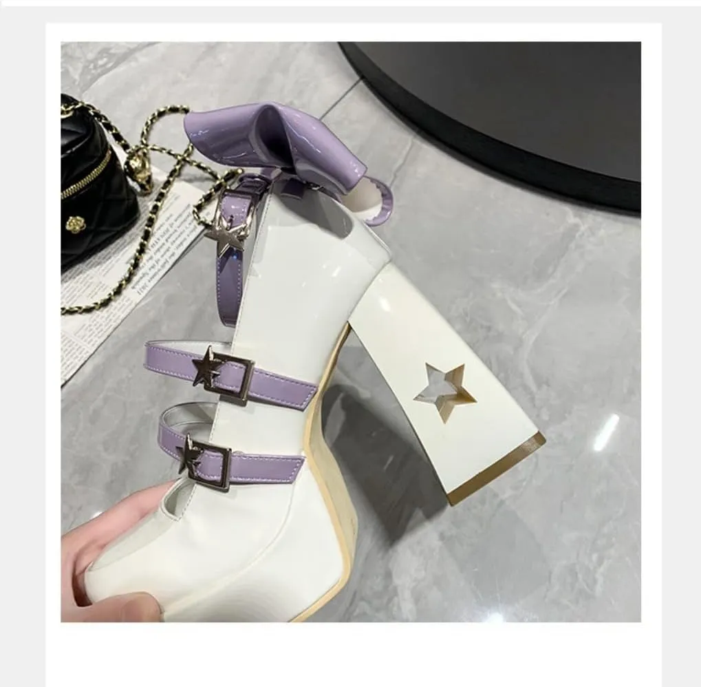 Coquette Star Emo Shoes Bow Heels Platform Mary Janes High Heels Women Goth Punk Leather Dressy Ankle Strap Round Closed Toes Chunky Kawaii Lolita Shoes Y2K Retro Trendy Cutecore Cosplay Streetwear