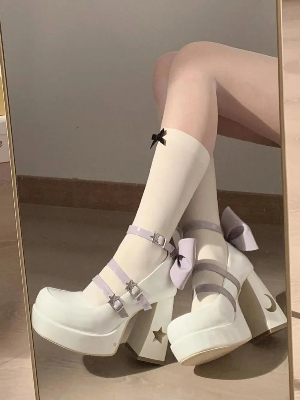 Coquette Star Emo Shoes Bow Heels Platform Mary Janes High Heels Women Goth Punk Leather Dressy Ankle Strap Round Closed Toes Chunky Kawaii Lolita Shoes Y2K Retro Trendy Cutecore Cosplay Streetwear
