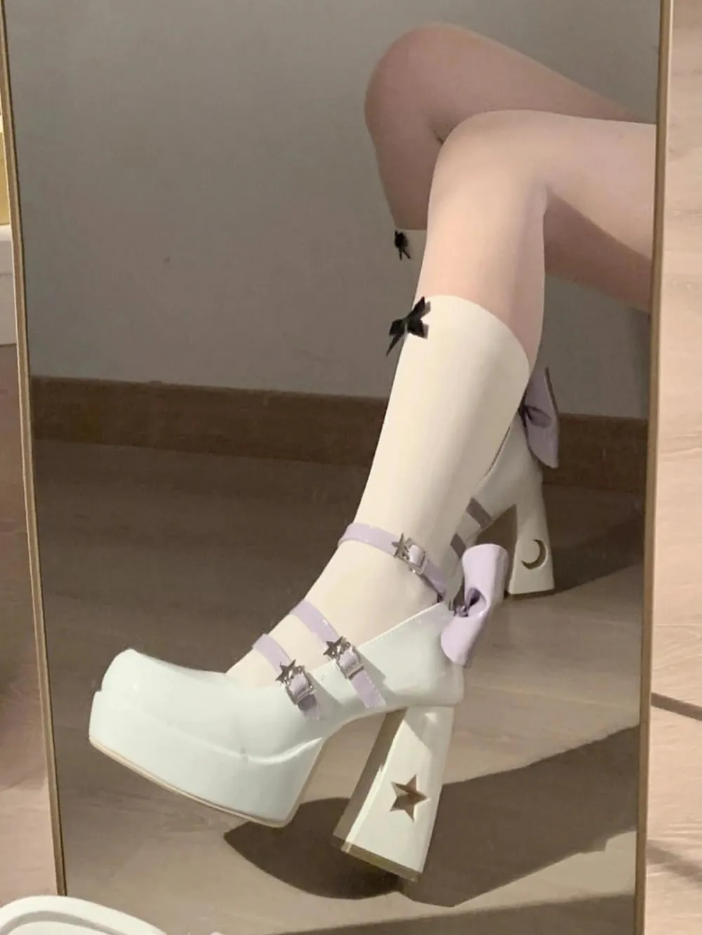 Coquette Star Emo Shoes Bow Heels Platform Mary Janes High Heels Women Goth Punk Leather Dressy Ankle Strap Round Closed Toes Chunky Kawaii Lolita Shoes Y2K Retro Trendy Cutecore Cosplay Streetwear