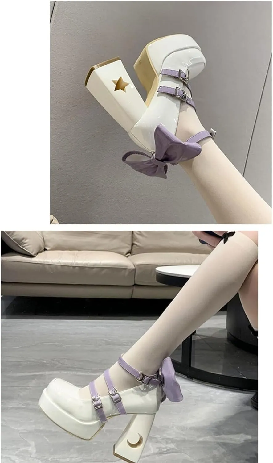 Coquette Star Emo Shoes Bow Heels Platform Mary Janes High Heels Women Goth Punk Leather Dressy Ankle Strap Round Closed Toes Chunky Kawaii Lolita Shoes Y2K Retro Trendy Cutecore Cosplay Streetwear