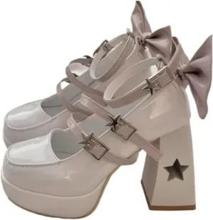Coquette Star Emo Shoes Bow Heels Platform Mary Janes High Heels Women Goth Punk Leather Dressy Ankle Strap Round Closed Toes Chunky Kawaii Lolita Shoes Y2K Retro Trendy Cutecore Cosplay Streetwear