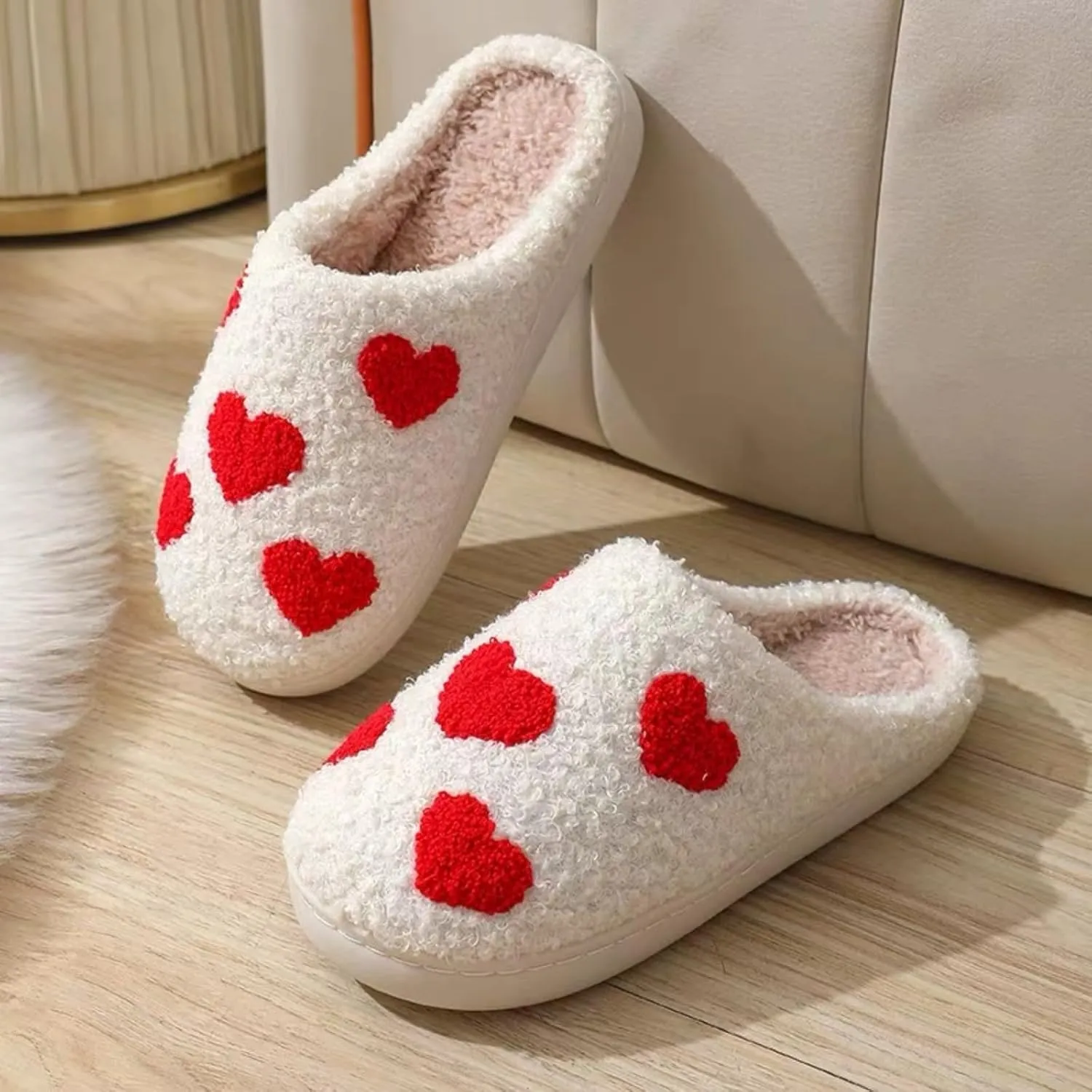 Cotton Slippers Cute Pattern Winter White Indoor Home Fuzzy Thick Comfy Soft Warm Anti-slip Wear-resistant Couple Gift