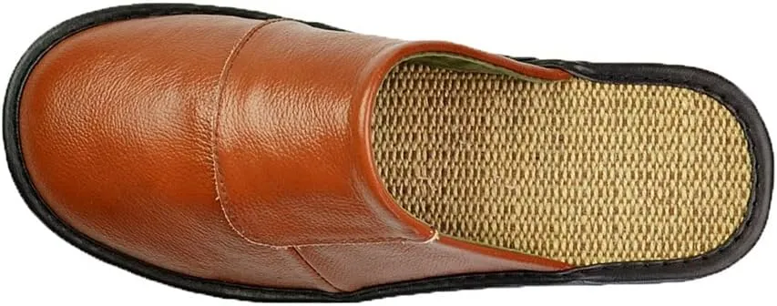 Cow Leather Linen Slippers Couple Indoor Men's and Women's Home Casual Shoes Soles Spring