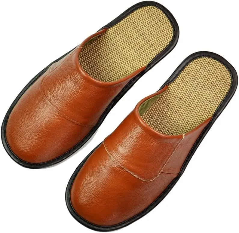 Cow Leather Linen Slippers Couple Indoor Men's and Women's Home Casual Shoes Soles Spring