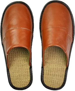 Cow Leather Linen Slippers Couple Indoor Men's and Women's Home Casual Shoes Soles Spring