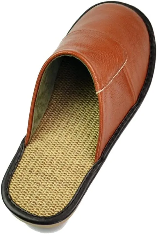 Cow Leather Linen Slippers Couple Indoor Men's and Women's Home Casual Shoes Soles Spring