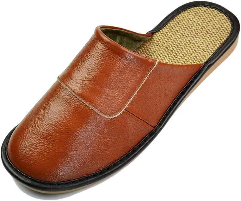 Cow Leather Linen Slippers Couple Indoor Men's and Women's Home Casual Shoes Soles Spring