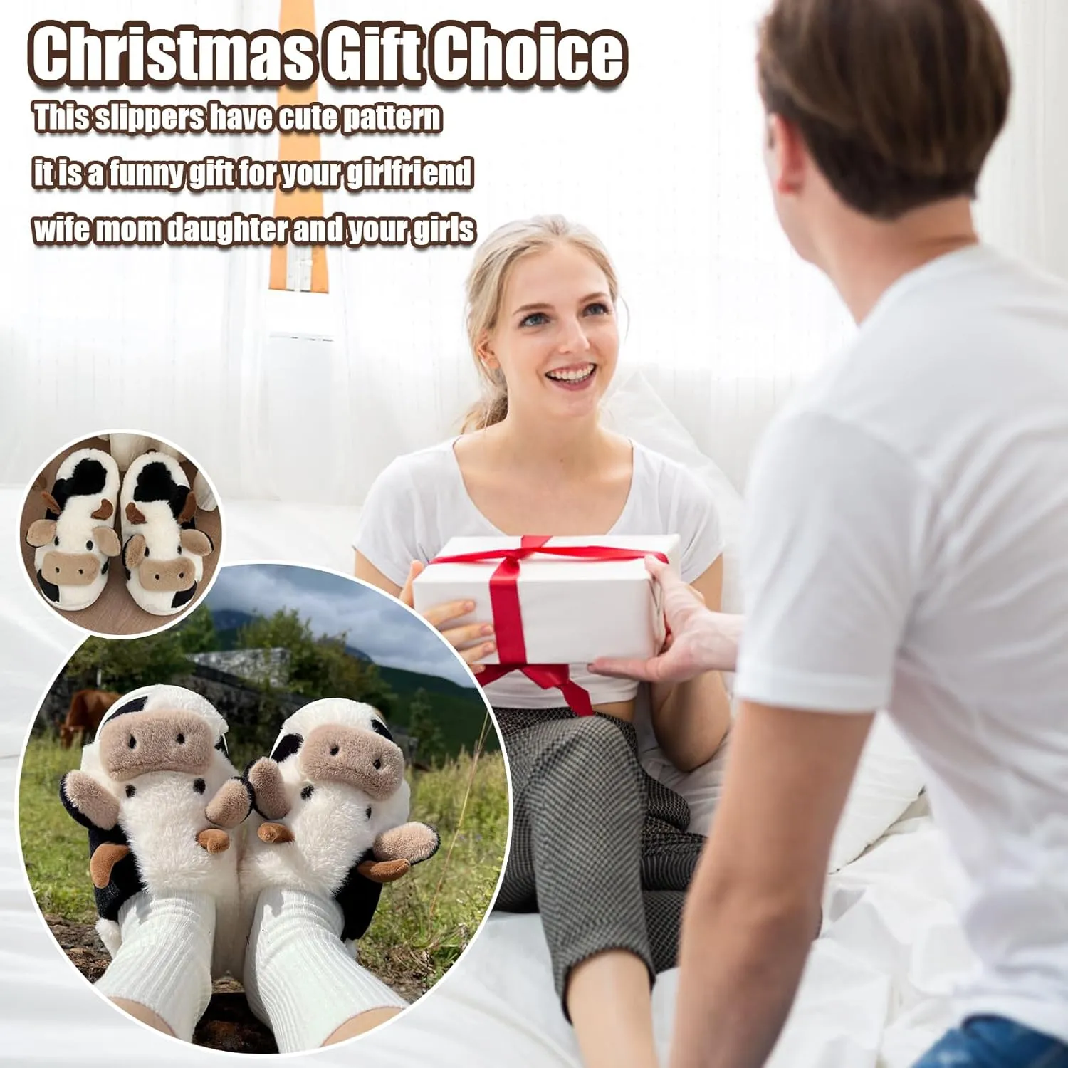 Cow Slippers for Women Cartoon House Slippers Fluffy Cute Animal Slippers Cow Slides Warm Soft Plush Lined Shoe