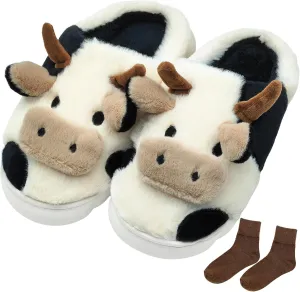 Cow Slippers for Women Cartoon House Slippers Fluffy Cute Animal Slippers Cow Slides Warm Soft Plush Lined Shoe