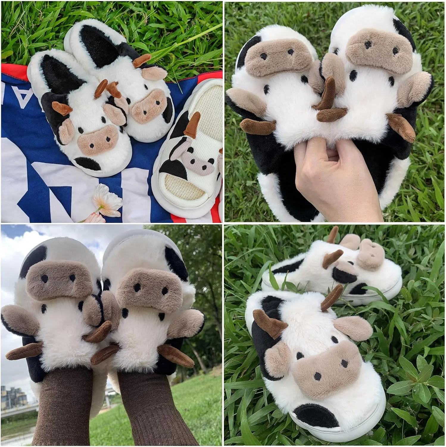 Cow Slippers for Women Cartoon House Slippers Fluffy Cute Animal Slippers Cow Slides Warm Soft Plush Lined Shoe