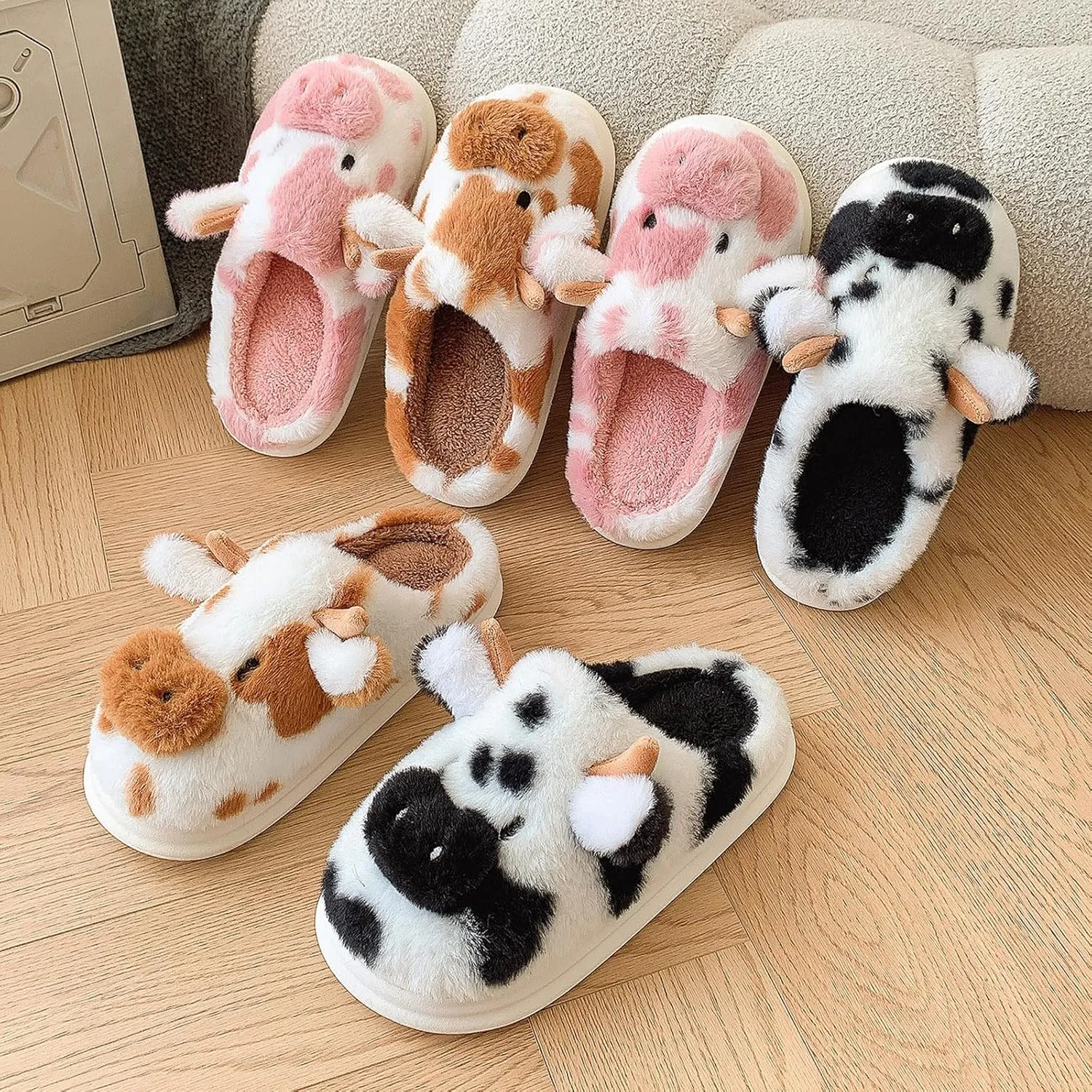 Cow Slippers for Women, Fluffy Animal Print Slipper for Adults, Winter Cartoon Fuzzy Cute Bedroom House Shoes with Memory Foam for Indoor Outdoor, Thick Cozy Kawaii Slides