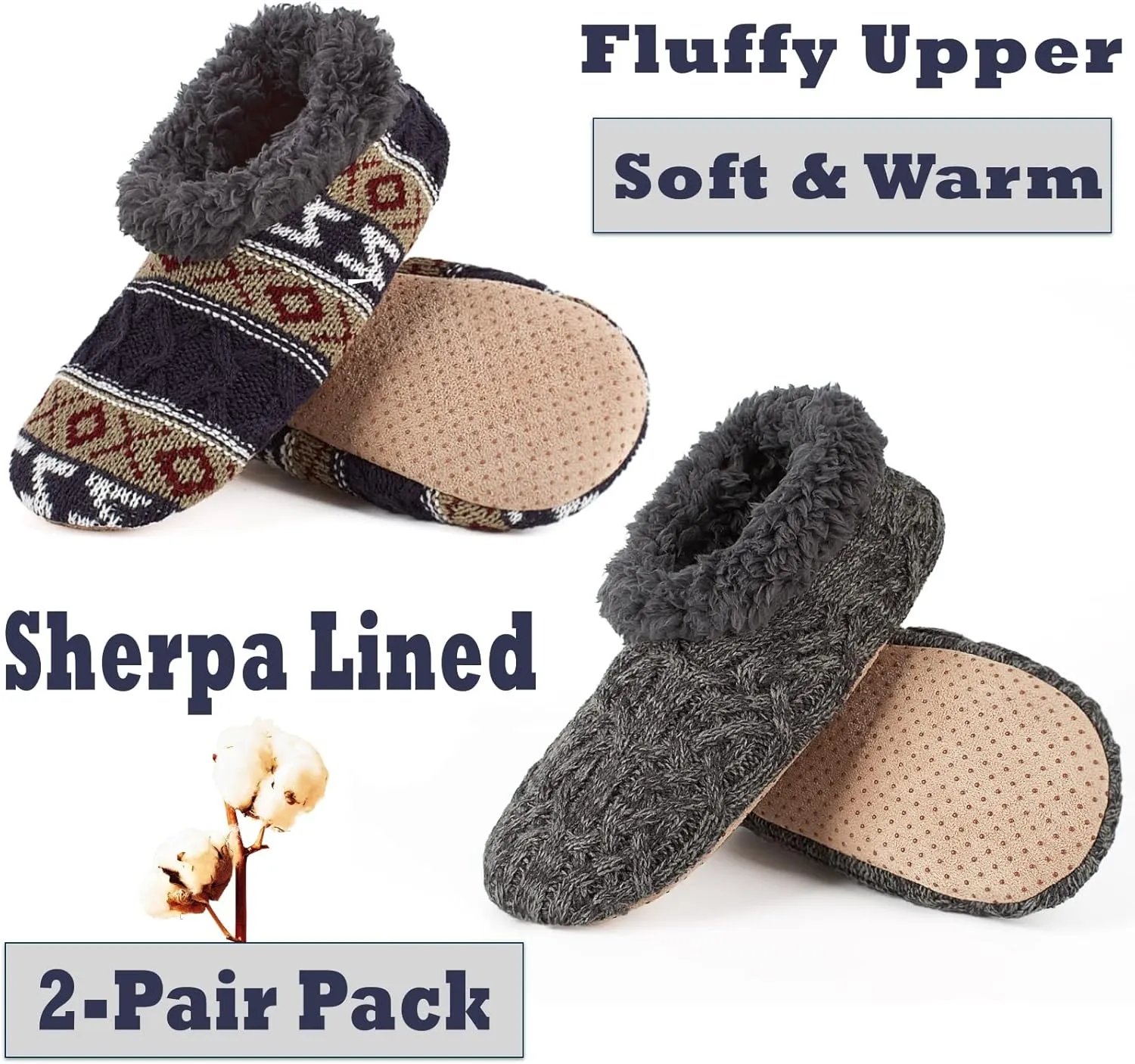 Cozylook 2-Pack Men's Soft Sole Slippers, Cozy Fuzzy Sock Shoes with Non-Slip Grippers, Unique Gifts