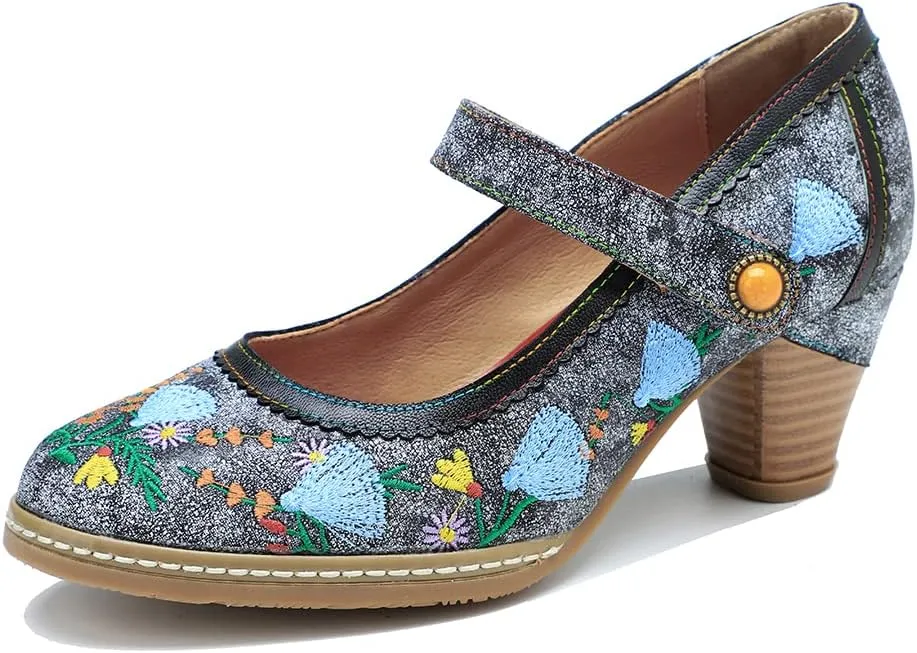 CrazycatZ Leather Mary Jane Shoes with Bow,Womens Patchword Pumps Vintage Mary Jane Shoes