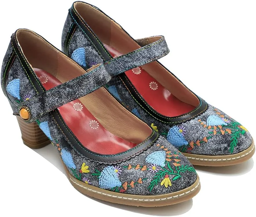 CrazycatZ Leather Mary Jane Shoes with Bow,Womens Patchword Pumps Vintage Mary Jane Shoes