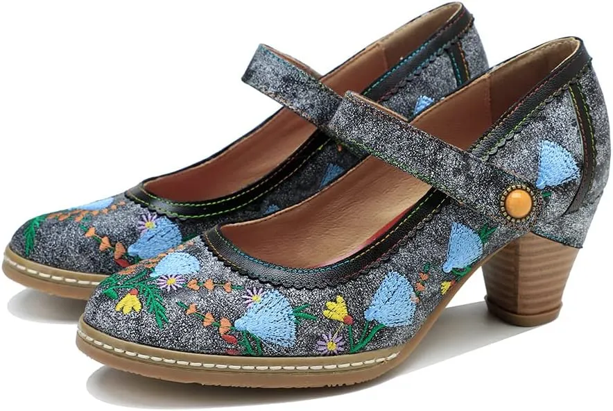CrazycatZ Leather Mary Jane Shoes with Bow,Womens Patchword Pumps Vintage Mary Jane Shoes