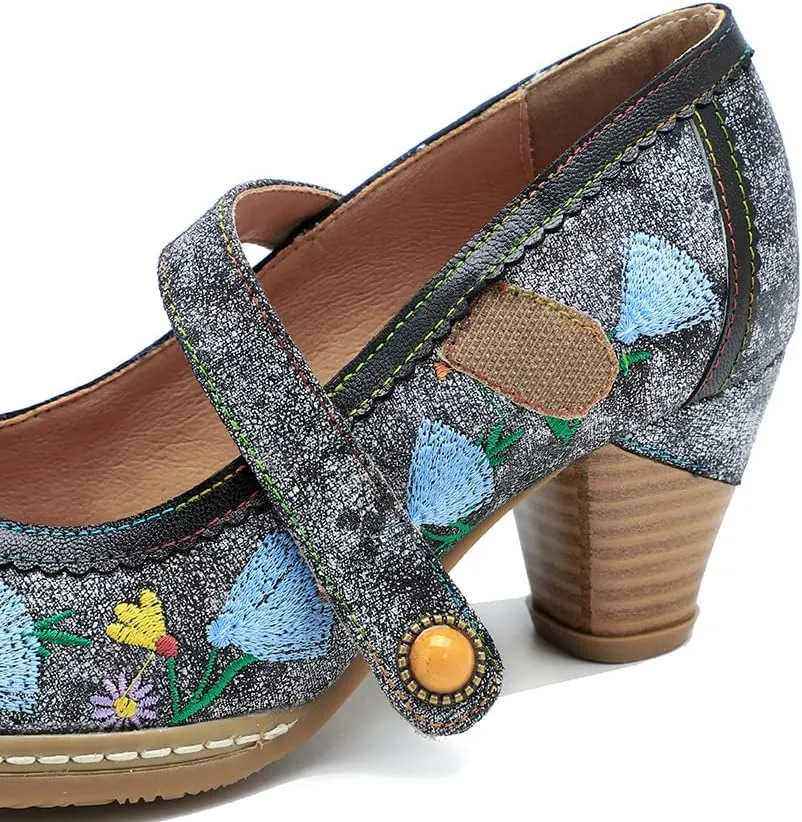 CrazycatZ Leather Mary Jane Shoes with Bow,Womens Patchword Pumps Vintage Mary Jane Shoes