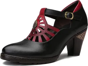 CrazycatZ Leather Mary Jane Shoes,Womens Colorful Patchword Pumps Vintage Mary Jane Shoes