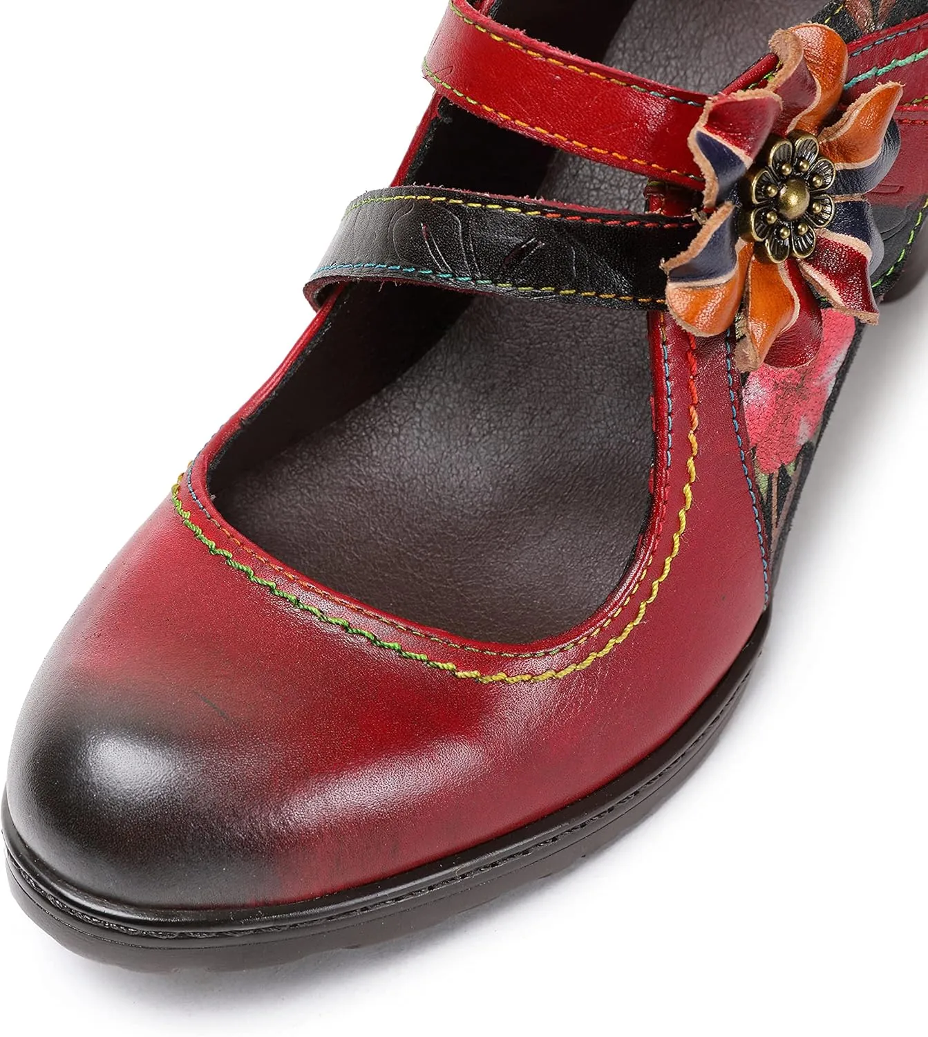 CrazycatZ Leather Mary Jane Shoes,Womens Patchword Pumps Vintage Mary Jane Shoes