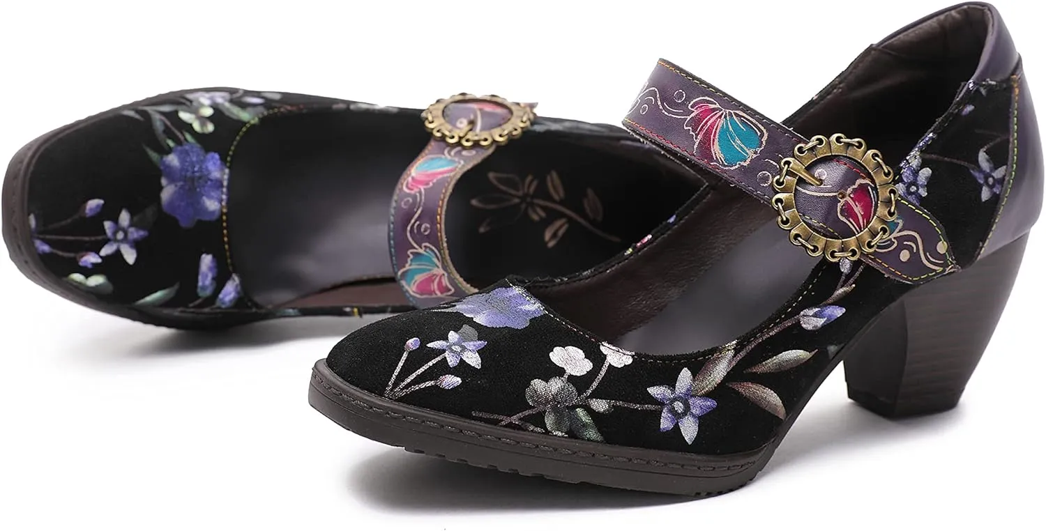 CrazycatZ Leather Mary Jane Shoes,Womens Patchword Pumps Vintage Mary Jane Shoes