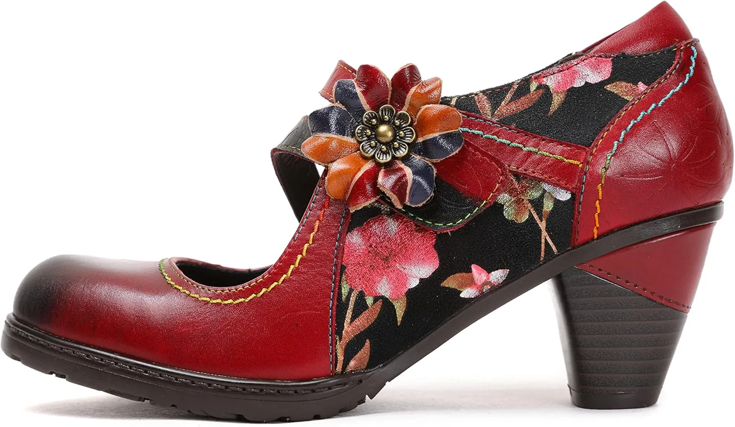 CrazycatZ Leather Mary Jane Shoes,Womens Patchword Pumps Vintage Mary Jane Shoes