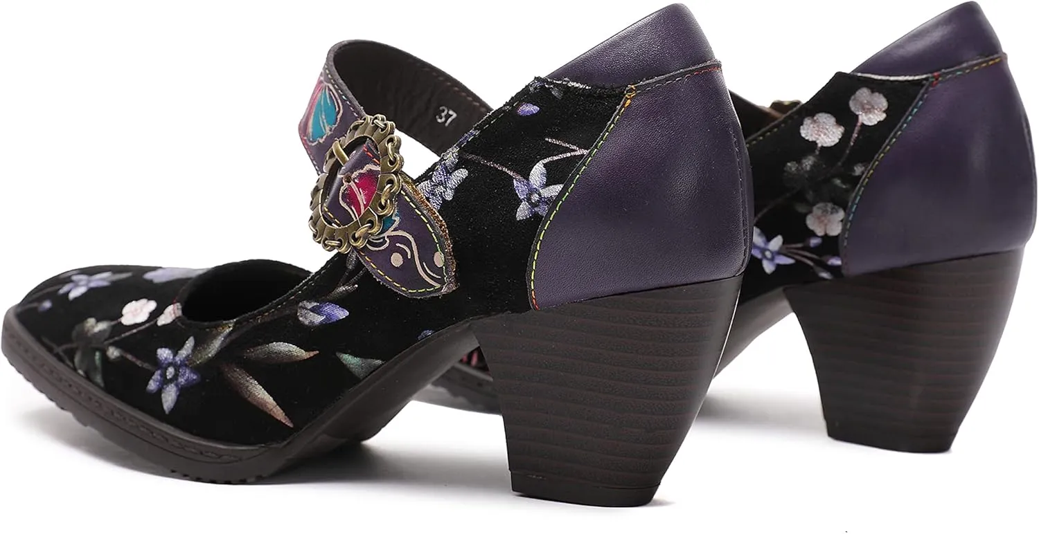 CrazycatZ Leather Mary Jane Shoes,Womens Patchword Pumps Vintage Mary Jane Shoes