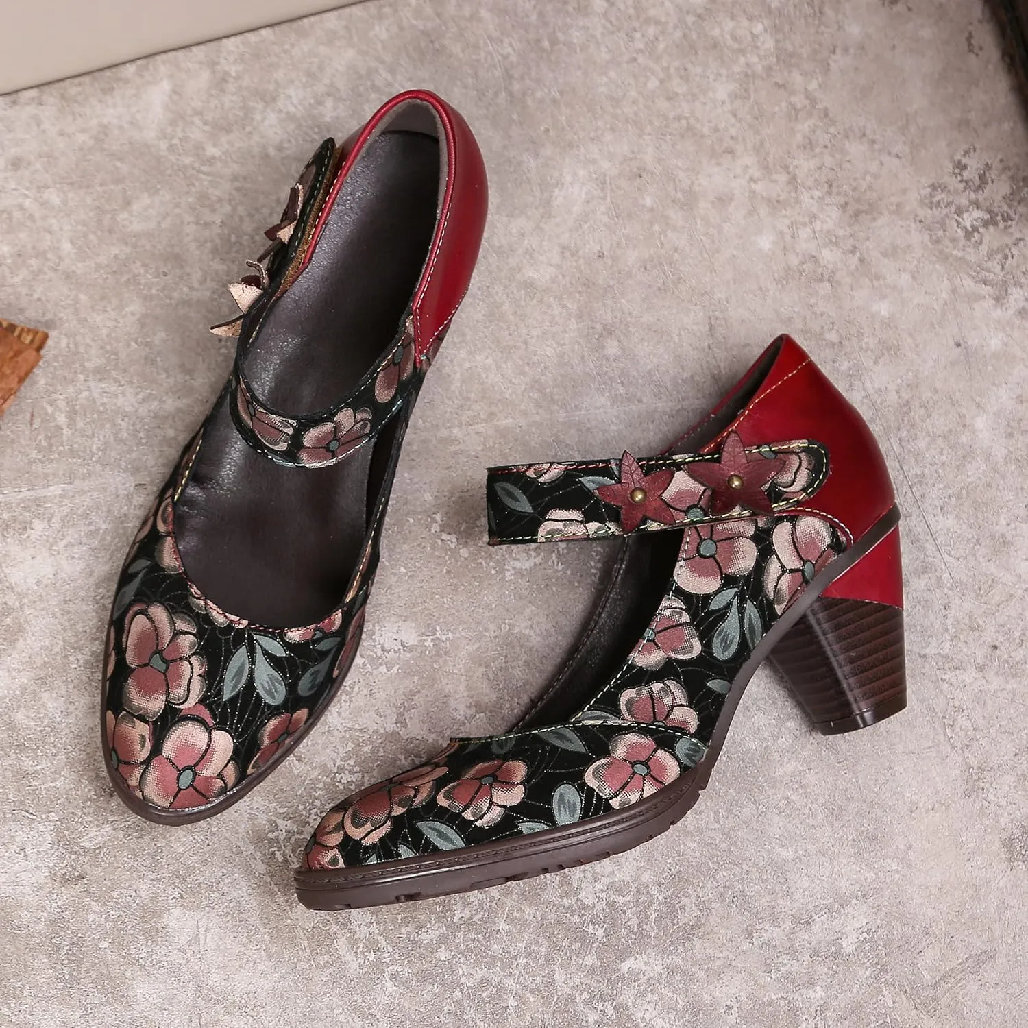 CrazycatZ Leather Mary Jane Shoes,Womens Patchword Pumps Vintage Mary Jane Shoes
