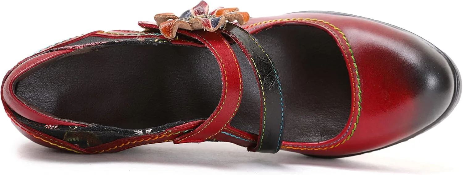 CrazycatZ Leather Mary Jane Shoes,Womens Patchword Pumps Vintage Mary Jane Shoes