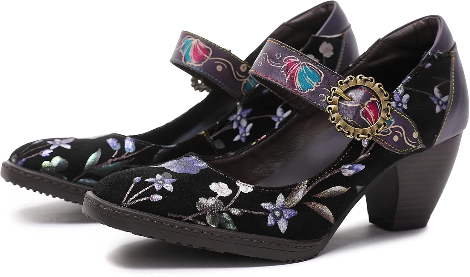 CrazycatZ Leather Mary Jane Shoes,Womens Patchword Pumps Vintage Mary Jane Shoes