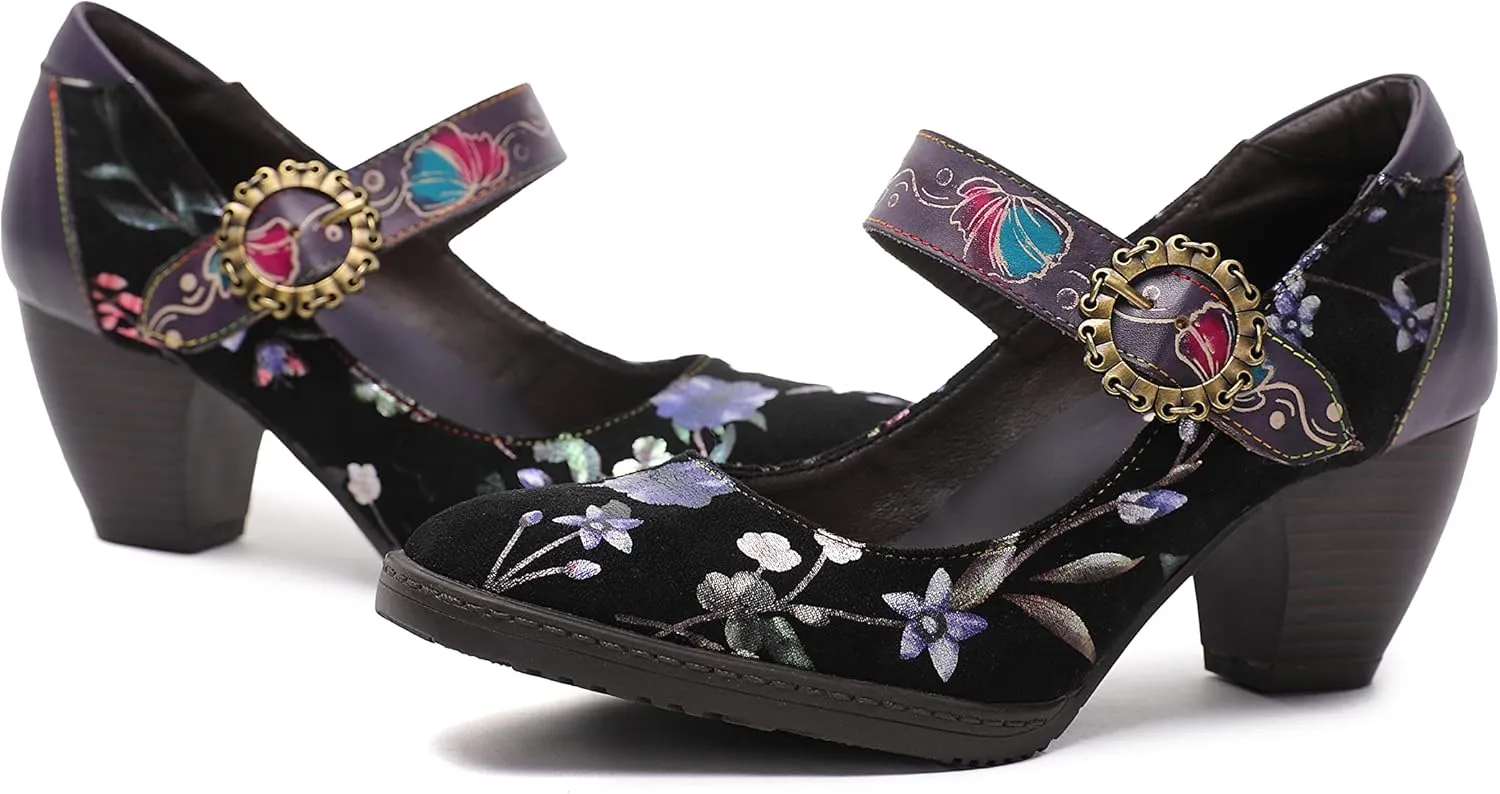 CrazycatZ Leather Mary Jane Shoes,Womens Patchword Pumps Vintage Mary Jane Shoes