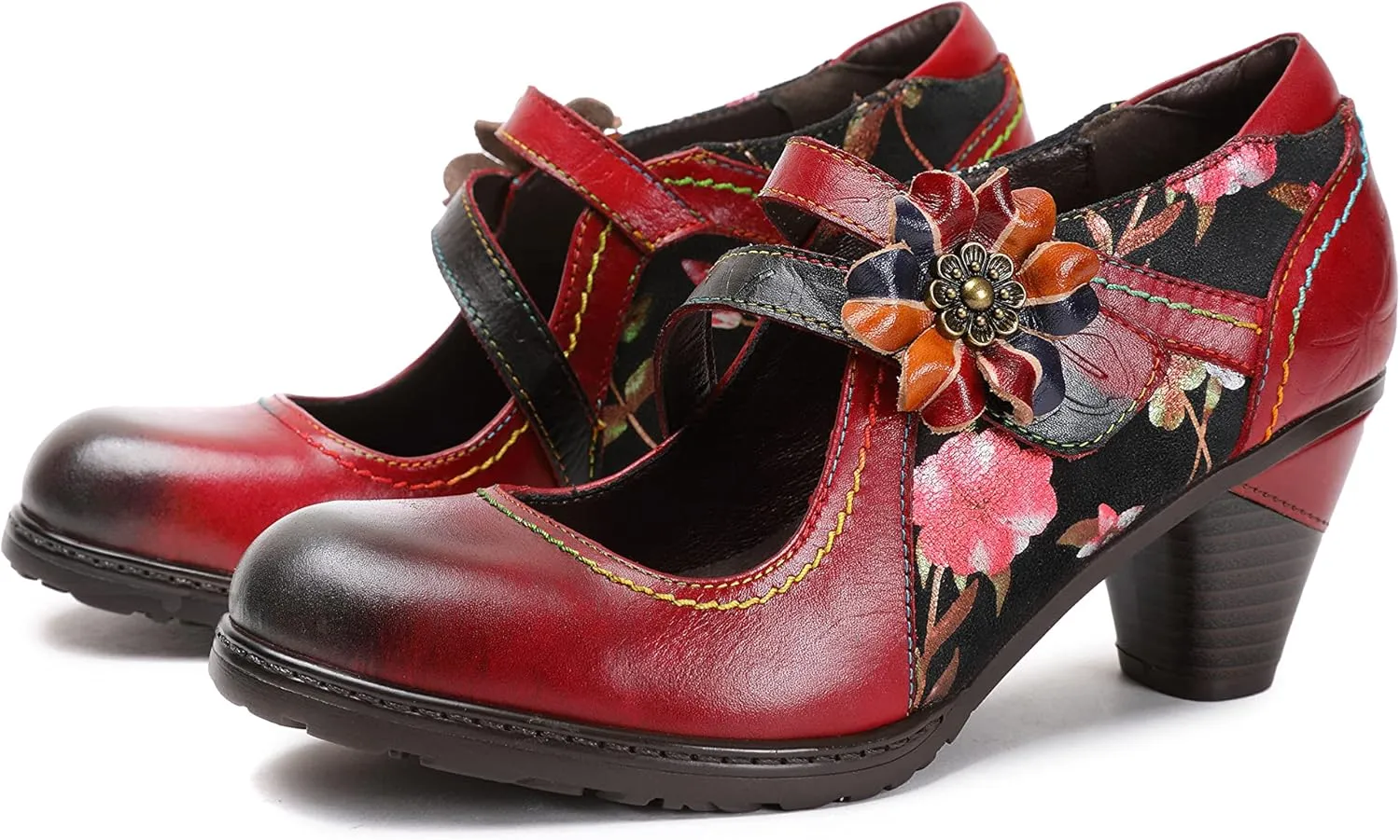 CrazycatZ Leather Mary Jane Shoes,Womens Patchword Pumps Vintage Mary Jane Shoes