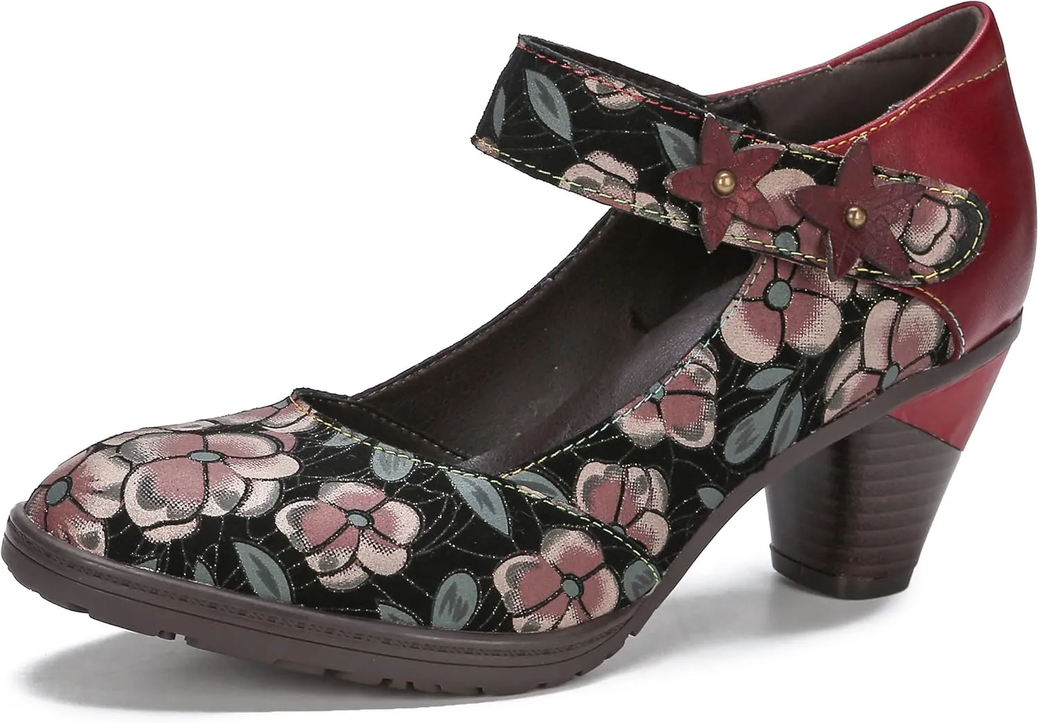 CrazycatZ Leather Mary Jane Shoes,Womens Patchword Pumps Vintage Mary Jane Shoes