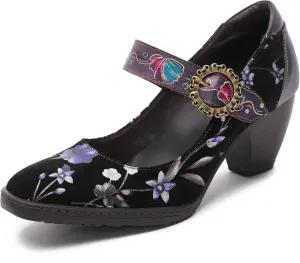 CrazycatZ Leather Mary Jane Shoes,Womens Patchword Pumps Vintage Mary Jane Shoes