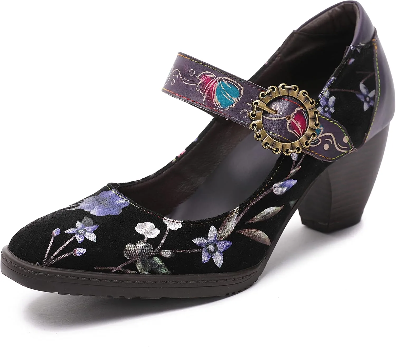 CrazycatZ Leather Mary Jane Shoes,Womens Patchword Pumps Vintage Mary Jane Shoes