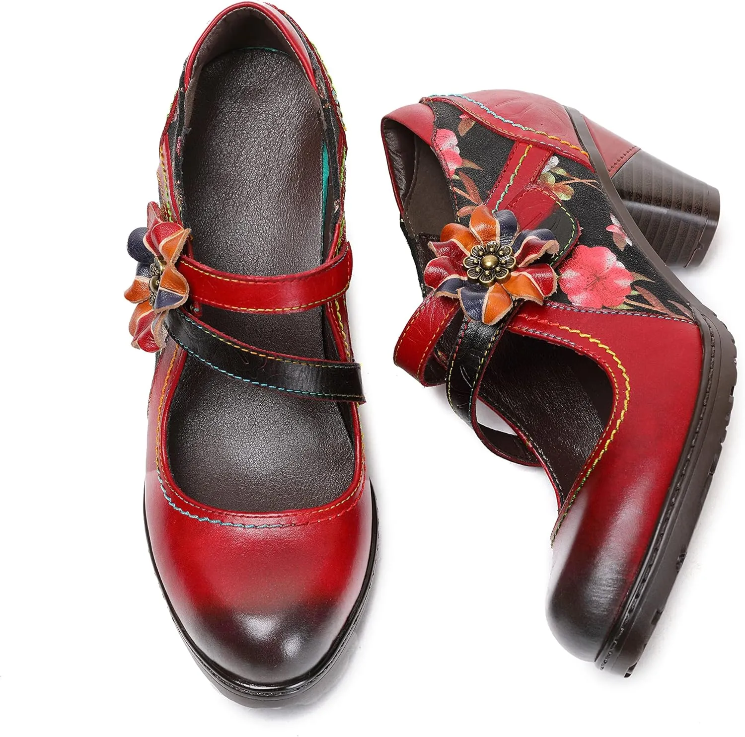 CrazycatZ Leather Mary Jane Shoes,Womens Patchword Pumps Vintage Mary Jane Shoes