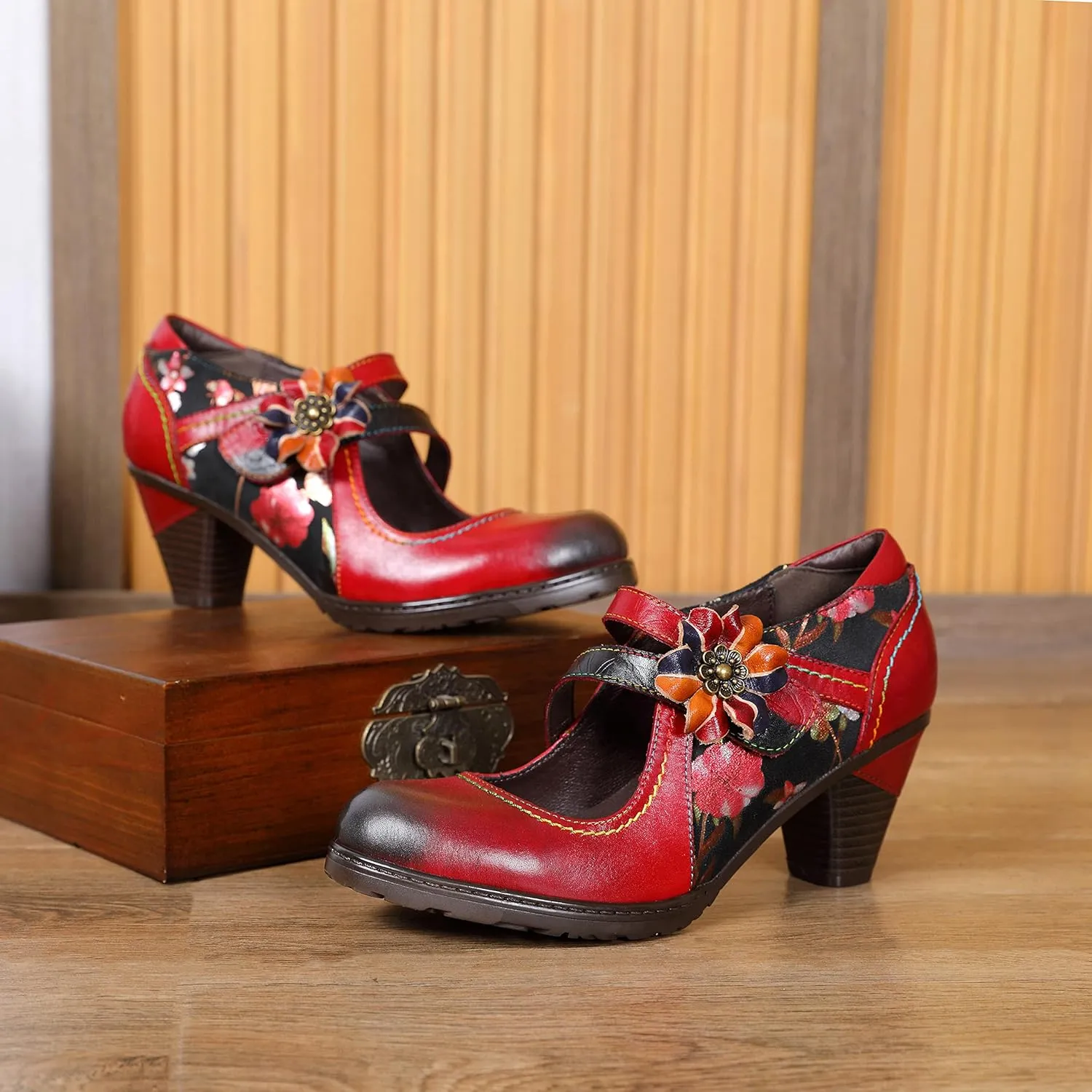 CrazycatZ Leather Mary Jane Shoes,Womens Patchword Pumps Vintage Mary Jane Shoes