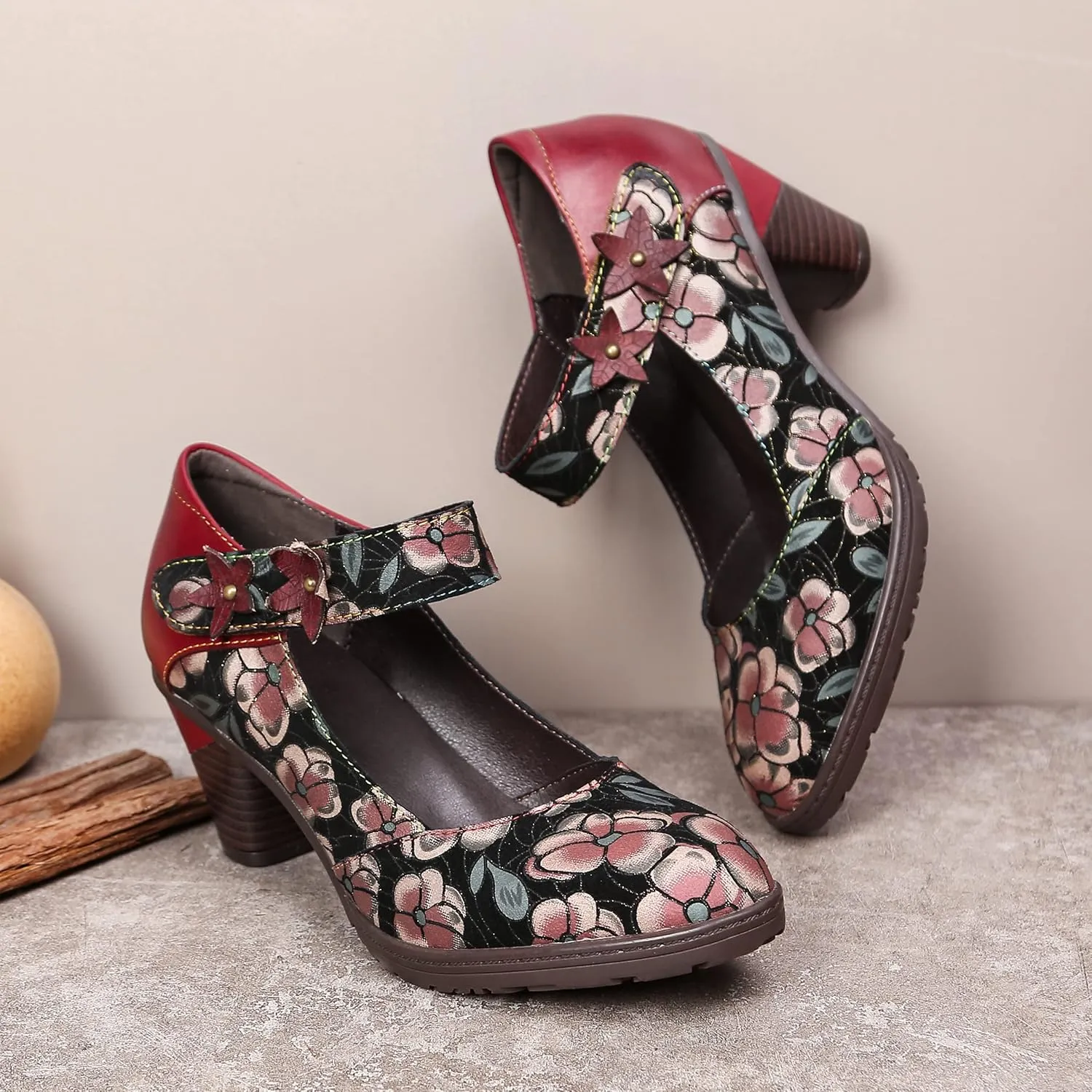 CrazycatZ Leather Mary Jane Shoes,Womens Patchword Pumps Vintage Mary Jane Shoes