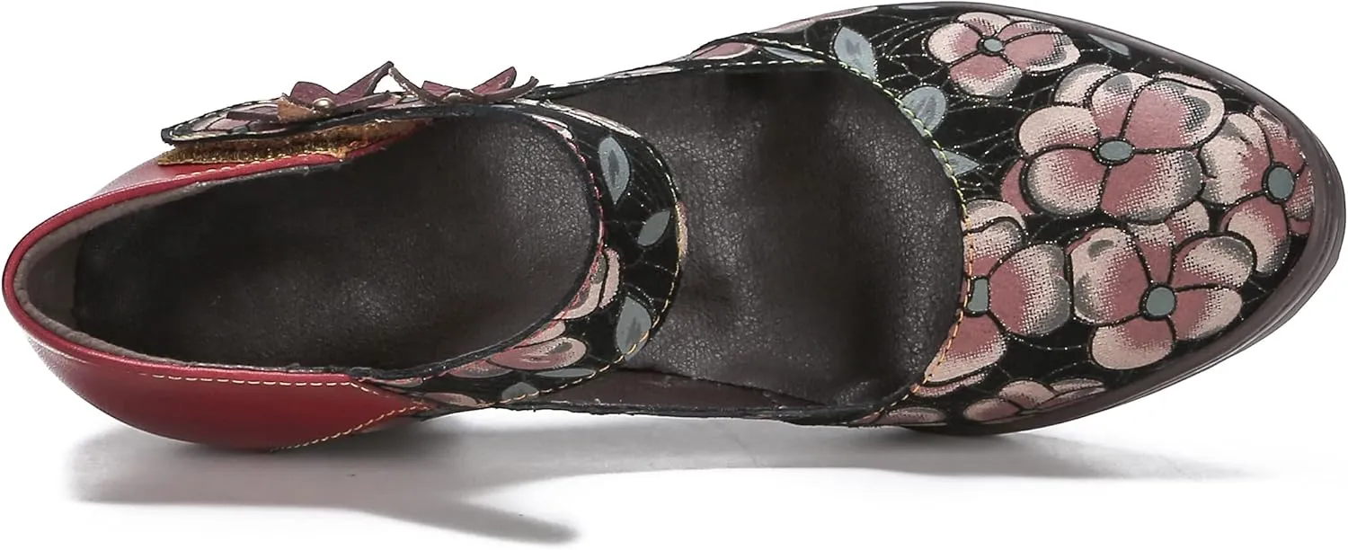 CrazycatZ Leather Mary Jane Shoes,Womens Patchword Pumps Vintage Mary Jane Shoes